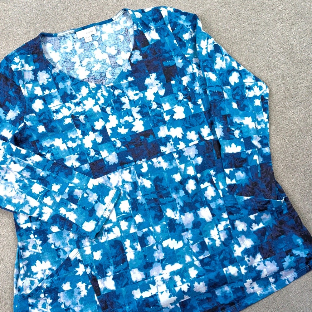 Pure Jill J. Jill Tunic Top Womens Large Petite Blue Abstract Leaf Print Pockets